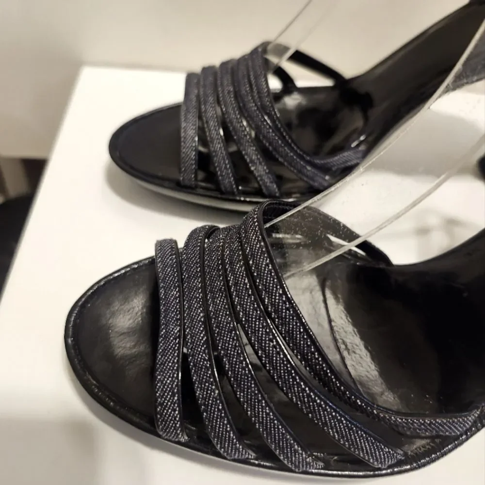 Marc Jacobs Black Patent Leather/Denim Strappy Platform Sandals Sz.7.5/38.5 $495